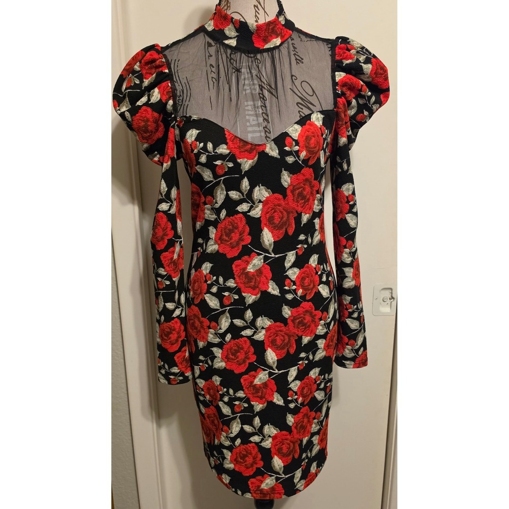 Red Rose Floral Mesh Yoke Puff Sleeve Bodycon Dress Sz M Dark Romantic Goth Vamp